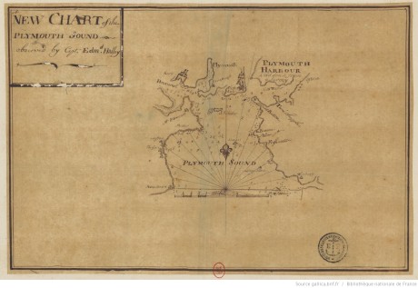 Manuscript version of the inset map of Plymouth Sound. The handwriting isn't Halley's hand, so was presumably made by another under his direction (@ Biblithèque Nationale de France, Image No xx)